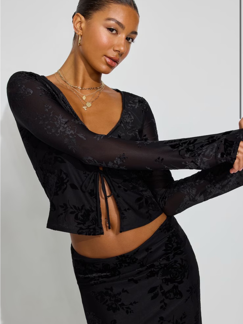 Garage NWT Flyaway Burnout Long Sleeve Tie Front Top Black Floral